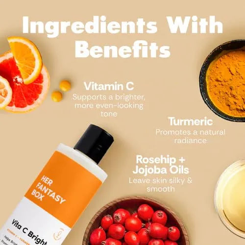 Her Fantasy Box | Vita C Bright Turmeric Body Wash – Antioxidant‐Rich Citrus Cleanser with Vitamin C & Turmeric for Radiant, Even-Looking Skin, Moisturizing Vegan Formula (8 oz)