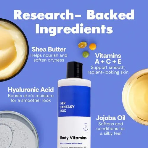 Her Fantasy Box | Body Vitamins Moisturizing Body Wash – Multi-Vitamin Cleanser with Vitamins A, B6, C & E, Hydrating & pH Balanced, Vegan & Cruelty Free, 8 oz