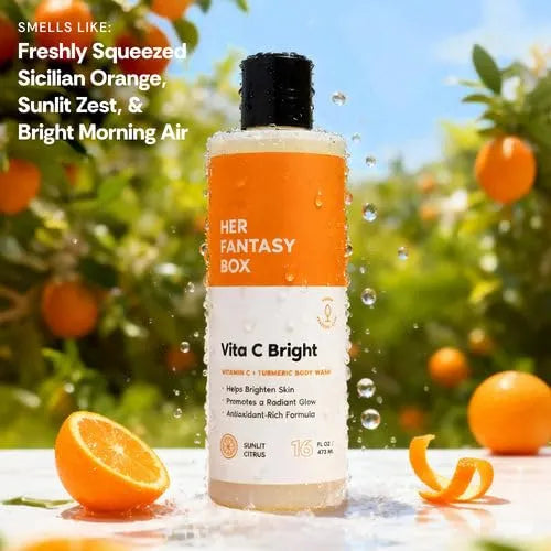 Her Fantasy Box | Vita C Bright Turmeric Body Wash – Antioxidant‐Rich Citrus Cleanser with Vitamin C & Turmeric for Radiant, Even-Looking Skin, Moisturizing Vegan Formula (8 oz)