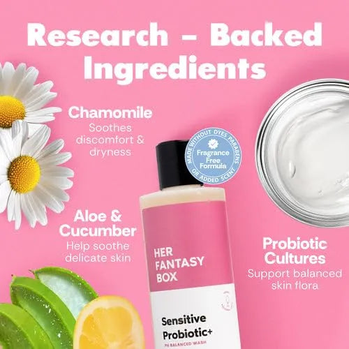 Her Fantasy Box | Sensitive Probiotic+ Gentle Cleanser – Fragrance-Free, pH Balanced Body Wash with Chamomile & Probiotic Lysates, Vegan & Cruelty Free, 8 oz