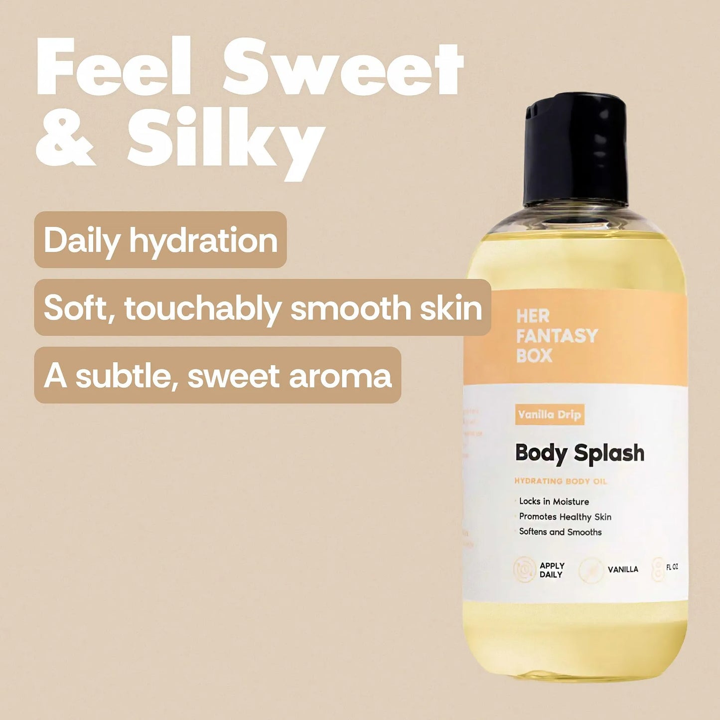 Her Fantasy Box | Body Splash Vanilla Drip Fragrance Oil – Warm Vanilla Sugar Scent with Creamy Cashmere & Sandalwood, Lightweight Hydrating Body Oil, Vegan & Cruelty Free