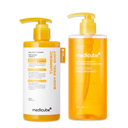 medicube Kojic Acid Brightening Body Care Duo: Turmeric Body Peel Shot and Kojic Acid Body Wash | For Brightening, Exfoliating with Citrus Scent for Fresh Shower Routine
