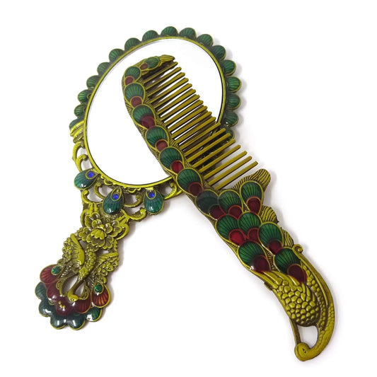 yueton 5 Inch Russian Style Embossing Vintage Oval Make-Up Mirror Hand Held Table Mirror Dress Table Decoration Spreading Tail Peacock Antique Bronze