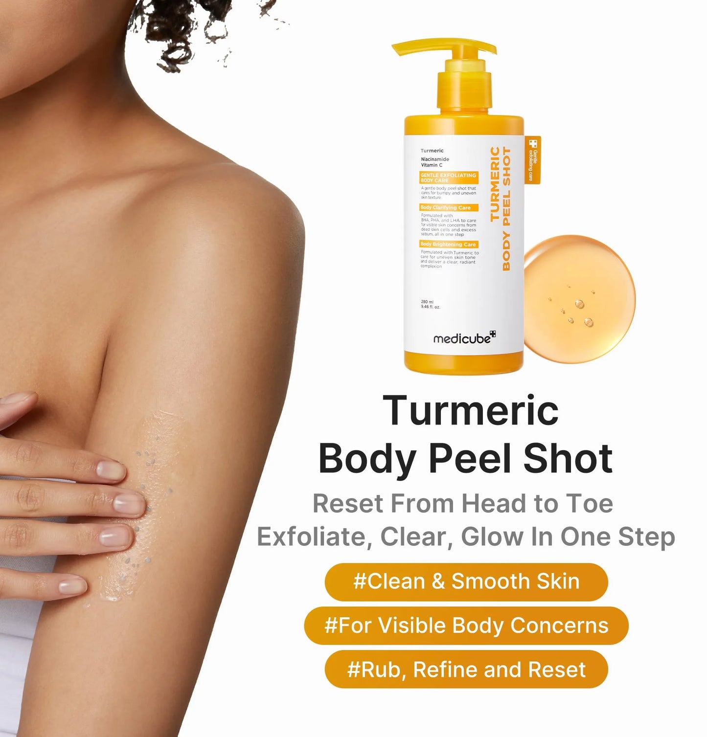 medicube Kojic Acid Brightening Body Care Duo: Turmeric Body Peel Shot and Kojic Acid Body Wash | For Brightening, Exfoliating with Citrus Scent for Fresh Shower Routine