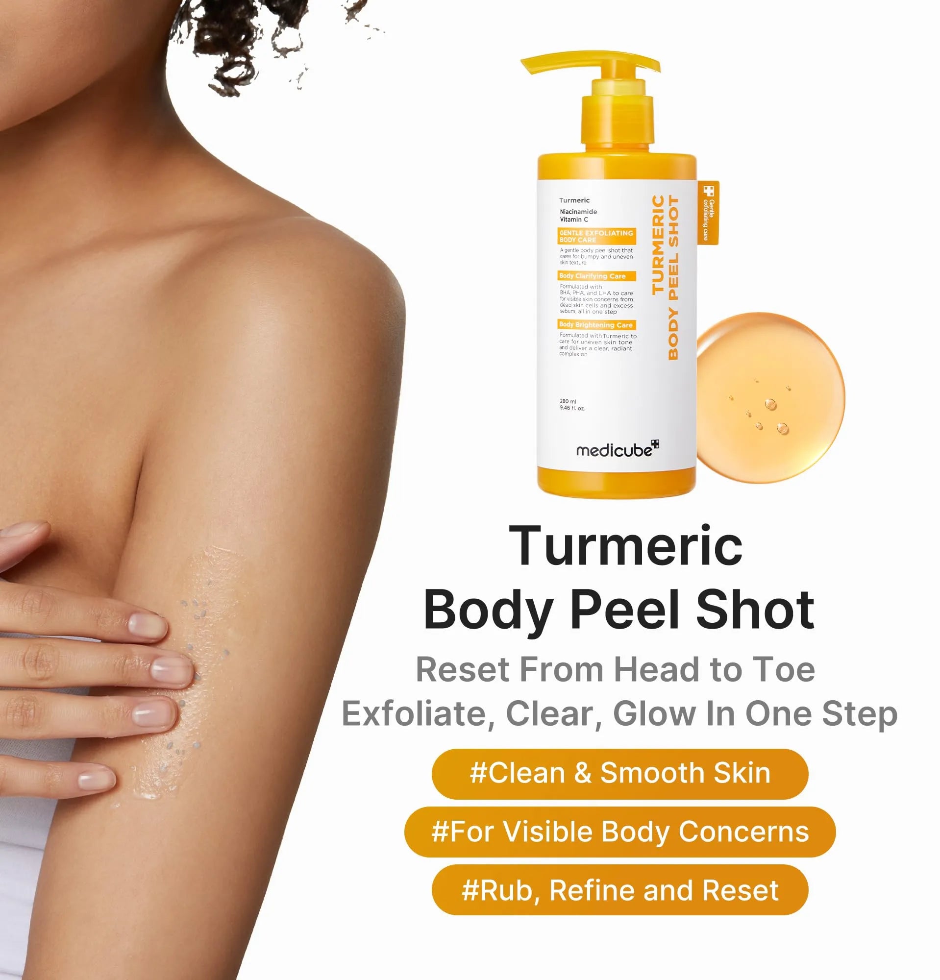 medicube Kojic Acid Brightening Body Care Duo: Turmeric Body Peel Shot and Kojic Acid Body Wash | For Brightening, Exfoliating with Citrus Scent for Fresh Shower Routine