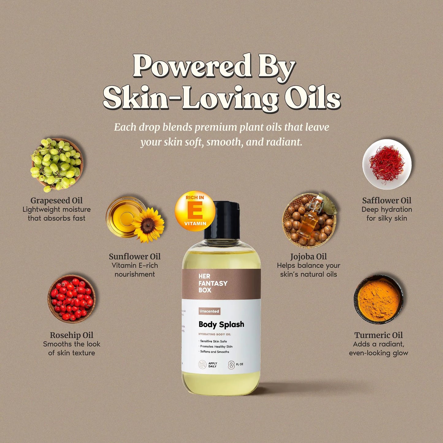 Her Fantasy Box | Body Splash Hydrating Body Oil - Moisturizing, Non-Greasy Formula for Soft, Smooth Skin - All-Natural, Lightweight & Nourishing (8 Fl Oz, Unscented)