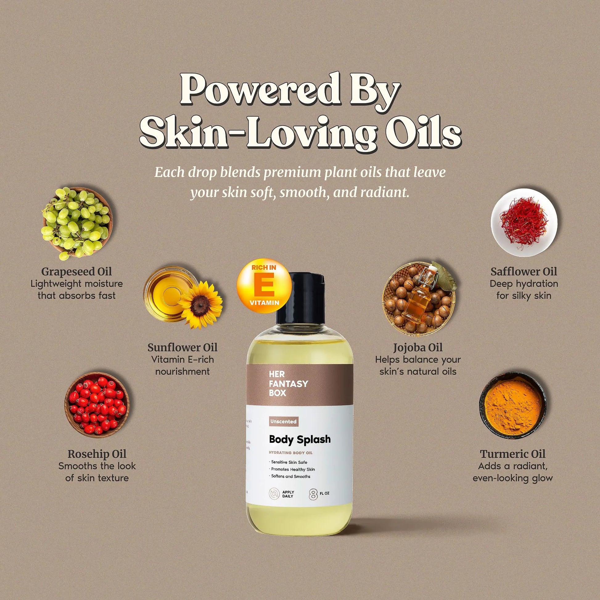 Her Fantasy Box | Body Splash Hydrating Body Oil - Moisturizing, Non-Greasy Formula for Soft, Smooth Skin - All-Natural, Lightweight & Nourishing (8 Fl Oz, Unscented)
