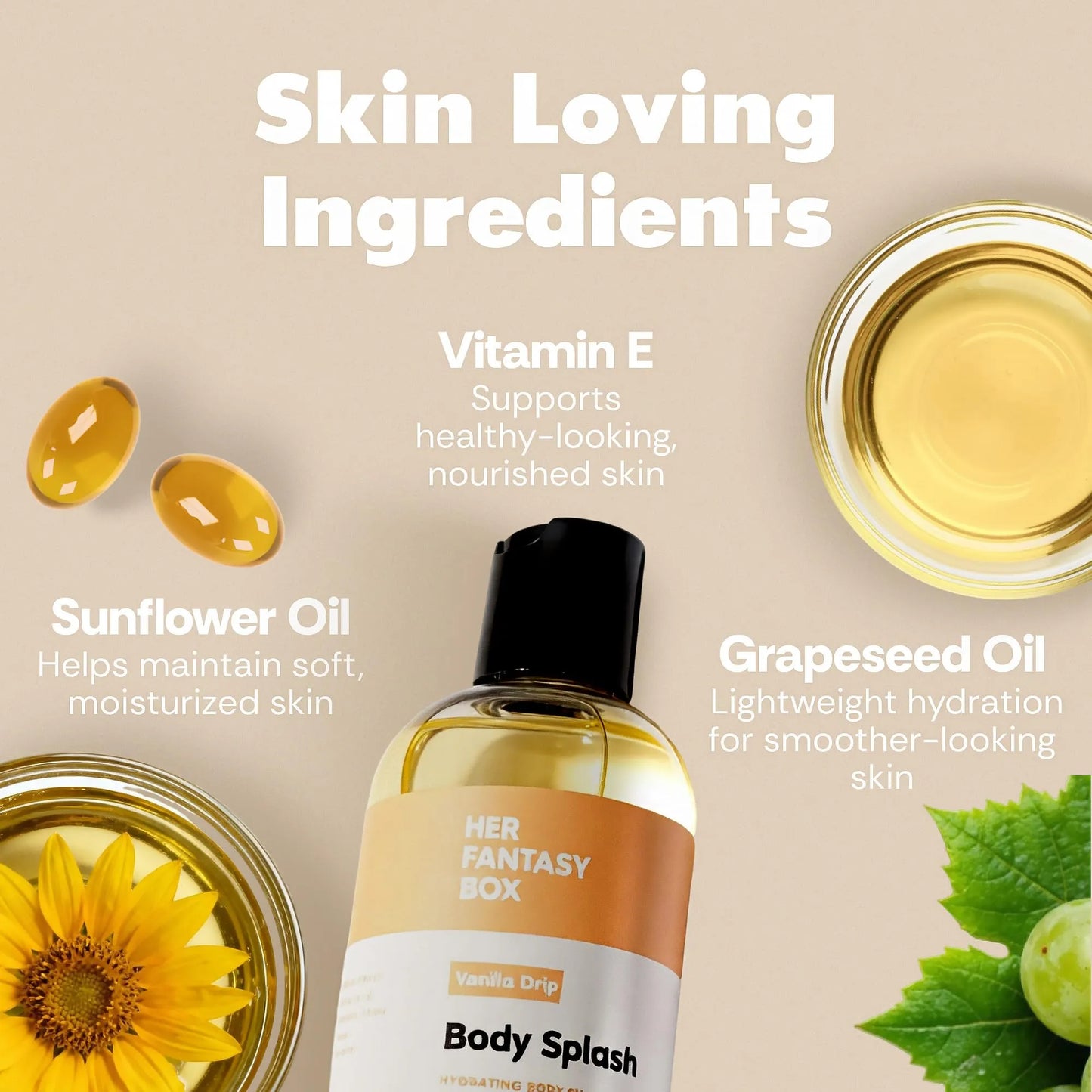 Her Fantasy Box | Body Splash Vanilla Drip Fragrance Oil – Warm Vanilla Sugar Scent with Creamy Cashmere & Sandalwood, Lightweight Hydrating Body Oil, Vegan & Cruelty Free