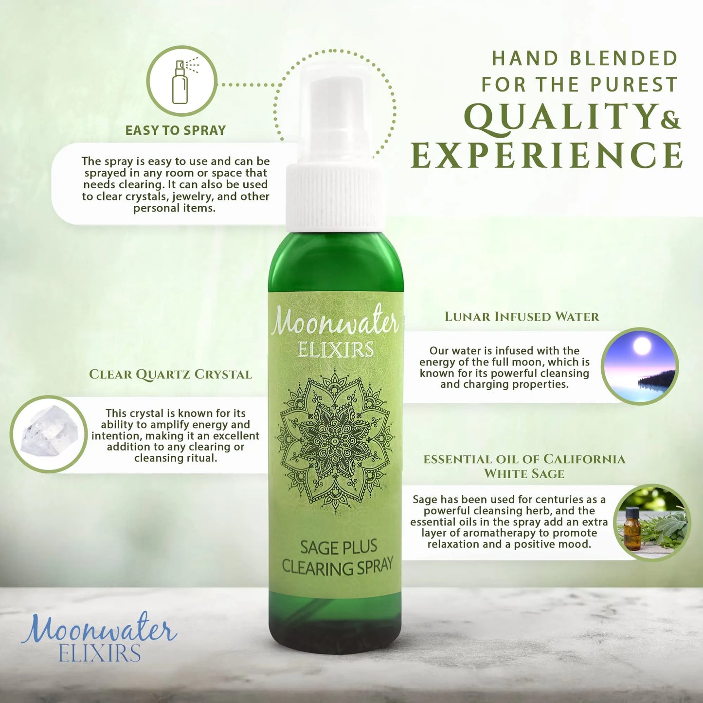 White Sage Smudge Spray for Spiritual Cleansing & Aura Protection, Sage Spray for Cleansing Negative Energy & Protection, Home & Meditation, Clear Quartz Reiki Energized Aromatherapy Room Mist 2X 4oz
