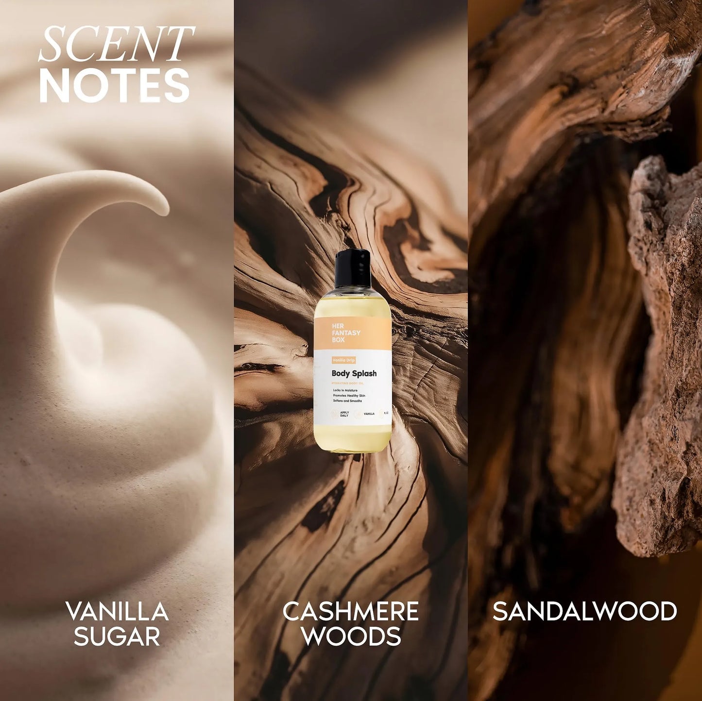 Her Fantasy Box | Body Splash Vanilla Drip Fragrance Oil – Warm Vanilla Sugar Scent with Creamy Cashmere & Sandalwood, Lightweight Hydrating Body Oil, Vegan & Cruelty Free
