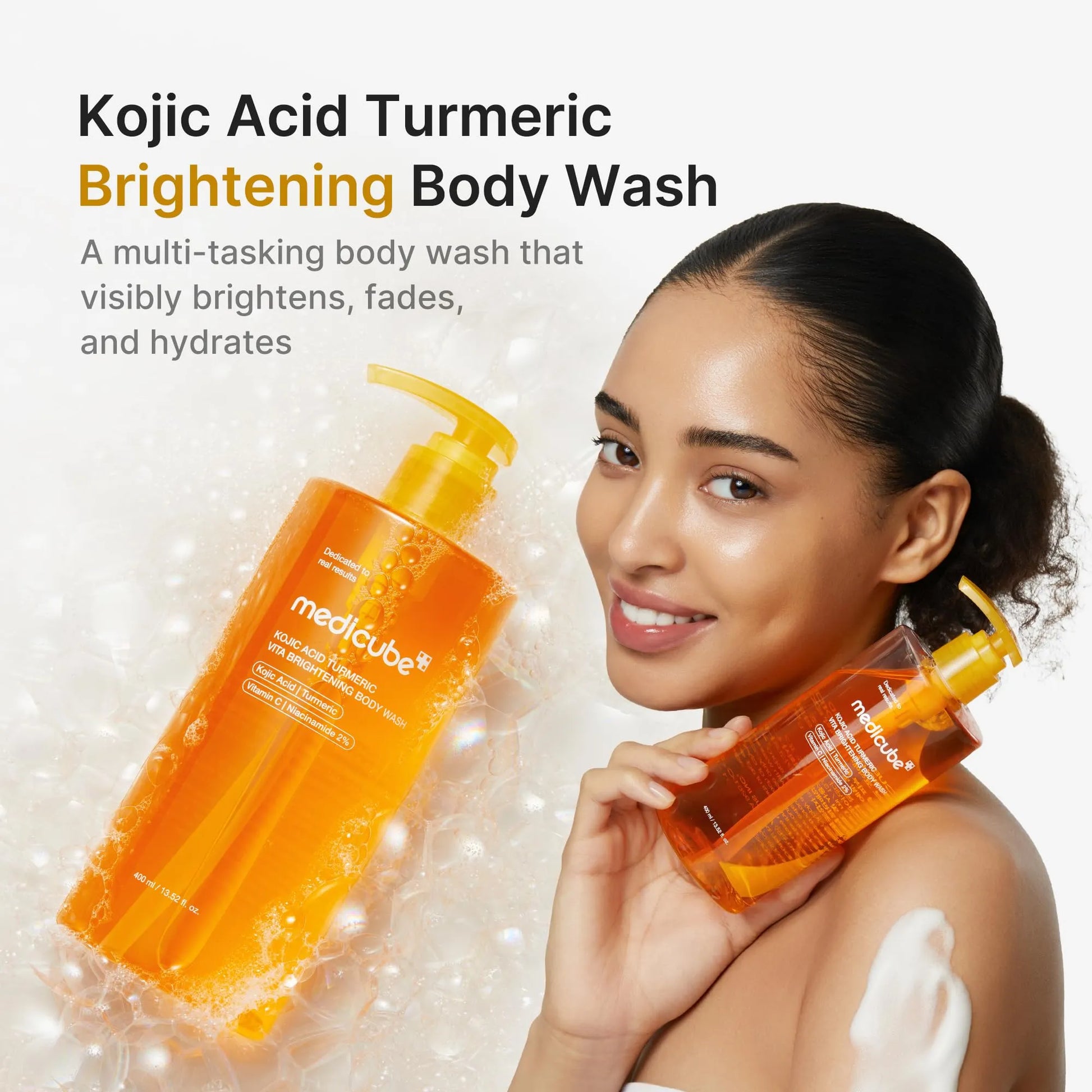 medicube Kojic Acid Brightening Body Care Duo: Turmeric Body Peel Shot and Kojic Acid Body Wash | For Brightening, Exfoliating with Citrus Scent for Fresh Shower Routine