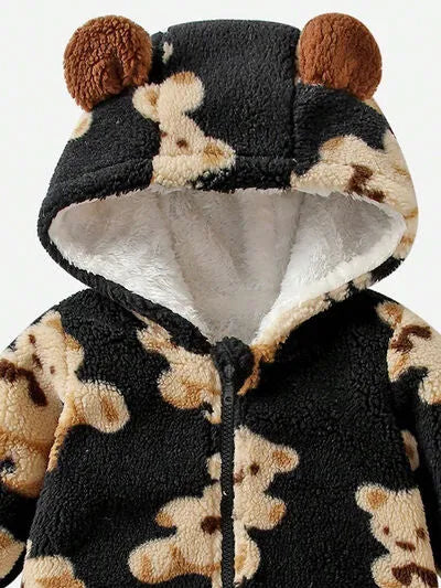 Bear Zip Up Long Sleeve Hooded Jumpsuit