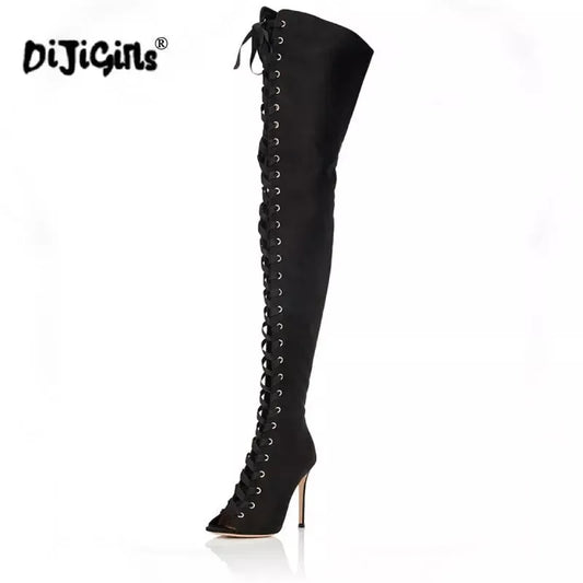 DIJIGIRLS Women High Heels Over the Knee Boots Fashion shoes ladies thigh high Boots black women pumps peep toe long boots Godiva Oya Bey