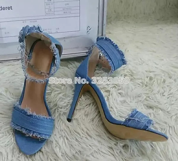 Fashion Blue Jean Women Sandals Thin High Heel Denim Open Toe Retro Pumps Ankle Buckle Single Strap Shoes Hot Selling Footwear Godiva Oya Bey