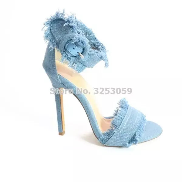 Fashion Blue Jean Women Sandals Thin High Heel Denim Open Toe Retro Pumps Ankle Buckle Single Strap Shoes Hot Selling Footwear Godiva Oya Bey