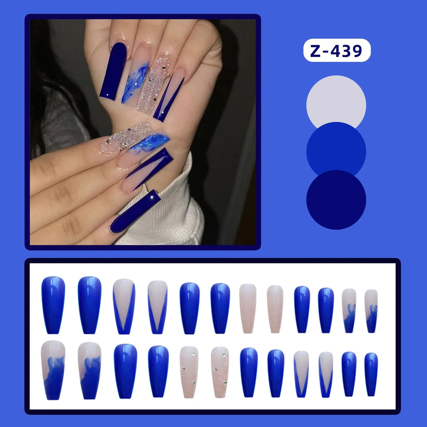Dark Blue Coffin False Nails With Small Rhinestone Fake Nails Press On Nails Full Cover Nail Tips Wearable Nail Stickers Art