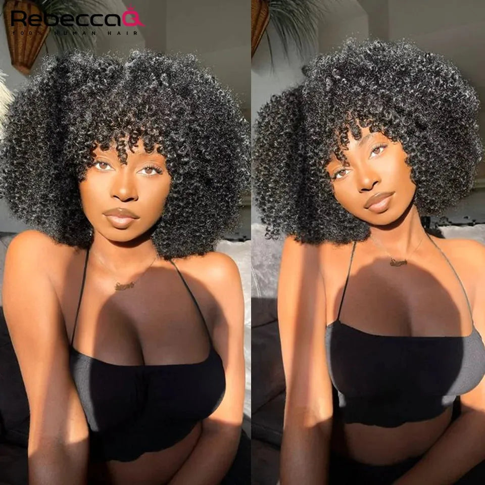 Afro Kinky Curly Human Hair Wigs with Bangs Wear to go Glueless Wig 250 Density Remy Brazilian Short Curly Bangs Wig Human Hair