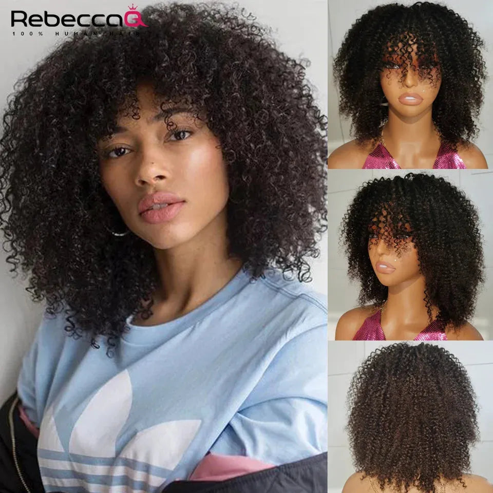 Afro Kinky Curly Human Hair Wigs with Bangs Wear to go Glueless Wig 250 Density Remy Brazilian Short Curly Bangs Wig Human Hair