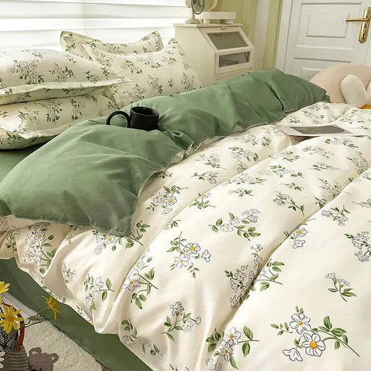 Floral Print Brushed Home Bedding Set Simple Fresh Comfortable Duvet Cover Set with Sheet Comforter Covers Pillowcases Bed Linen