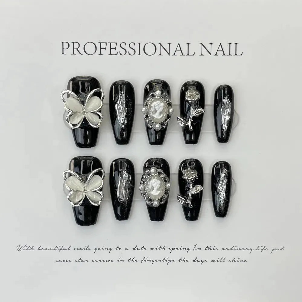 Handmade Black Coffin Press on Nails with Design Reusable Adhesive Y2K False Nails Artifical Acrylic Nail Tip Nail Art Manicure