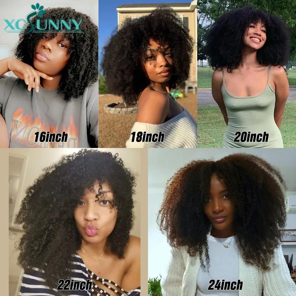 Afro Kinky Curly Wig With Bangs Full Machine Made Scalp Top Wig 200 Density Brazilian Short Curly Bang Wig Human Hair Xcsunny