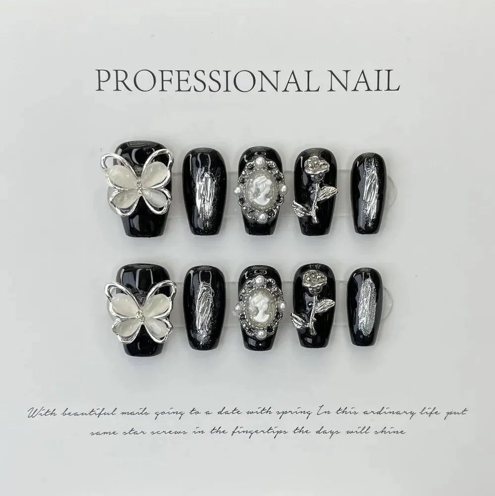 Handmade Black Coffin Press on Nails with Design Reusable Adhesive Y2K False Nails Artifical Acrylic Nail Tip Nail Art Manicure