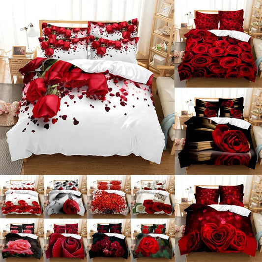 Red Rose Bedding Set Quilt Duvet Cover Comforter Pillow Case 3D HD Double Full King Queen Twin Single 3PCS 2PCS Bedroom Flower