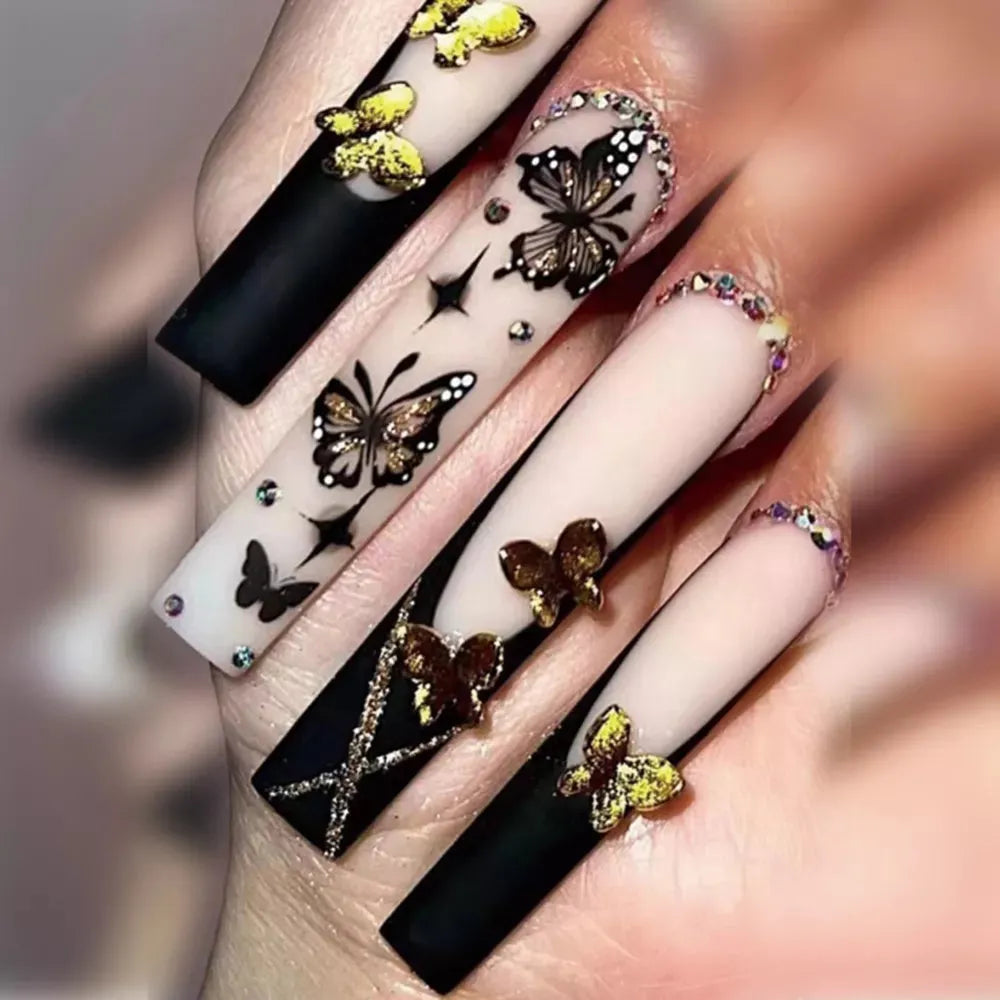 Press On Nails Long Coffin With Butterfly Flower Design False Nails Wearable French Ballerina Fake Nails Full Cover Nail Tips