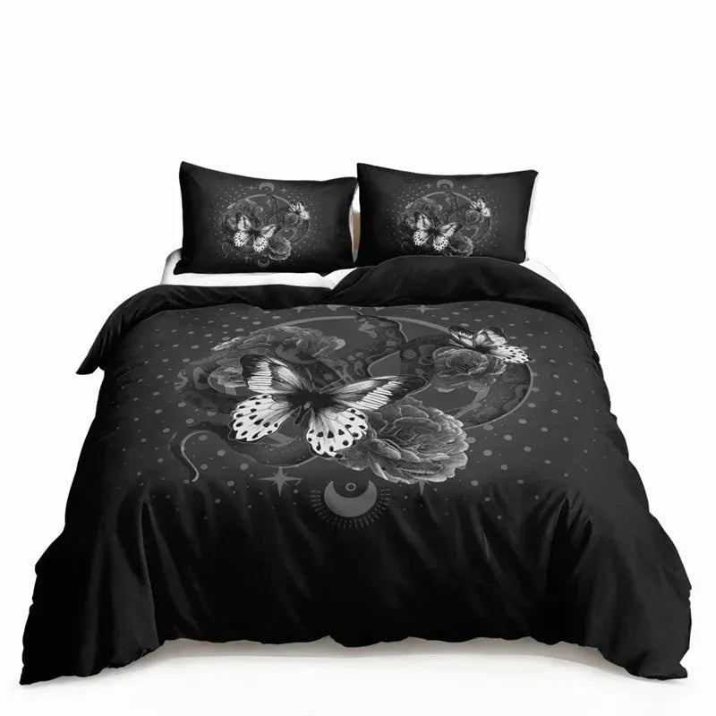 Butterfly And Death Moth Bedding Set For Girls Gothic Skull Boho Comforter Cover Decor Bedroom Sun and Moon Pattern Duvet Cover