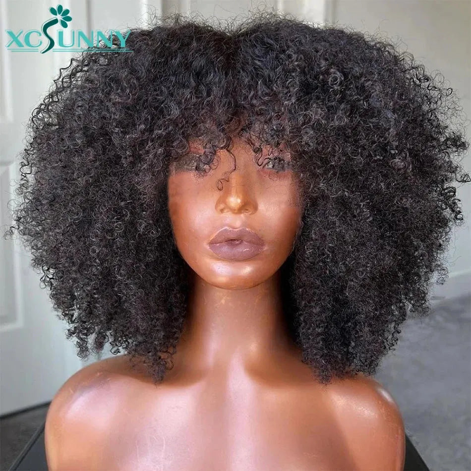 Afro Kinky Curly Wig With Bangs Full Machine Made Scalp Top Wig 200 Density Brazilian Short Curly Bang Wig Human Hair Xcsunny