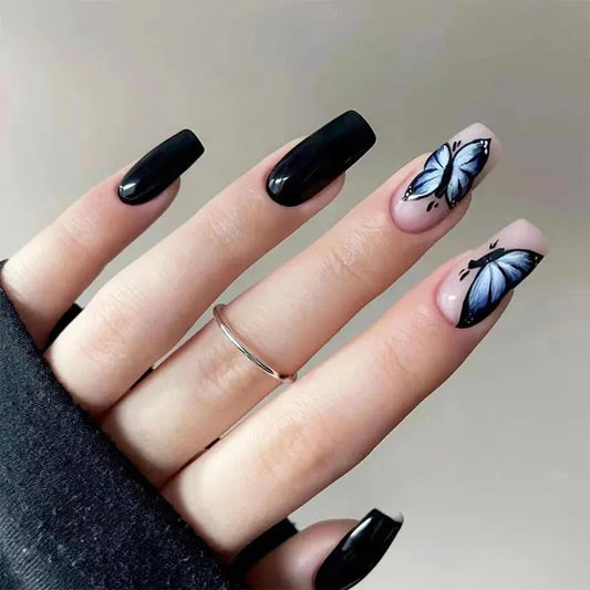 Almond Glitter Press On Nails French Black Butterfly Fake Nails with Rhinestone Glossy Reusable False Nails With Jelly Tabs