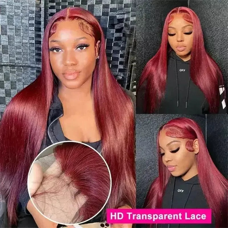 Burgundy 99J Straight hair front lace wig real hair wig 13x4 front lace wig wine red wig transparent lace wig female real hair - Godiva Oya Bey
