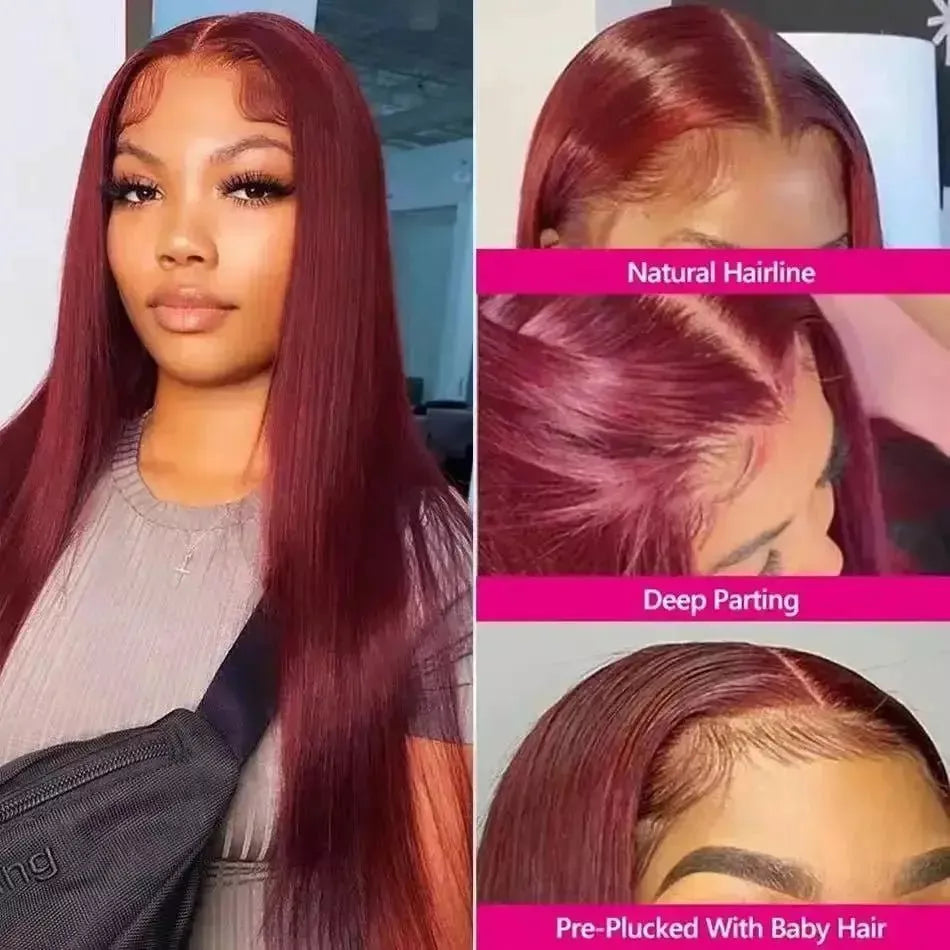 Burgundy 99J Straight hair front lace wig real hair wig 13x4 front lace wig wine red wig transparent lace wig female real hair - Godiva Oya Bey