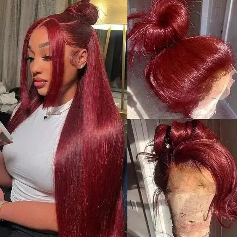 Burgundy 99J Straight hair front lace wig real hair wig 13x4 front lace wig wine red wig transparent lace wig female real hair - Godiva Oya Bey