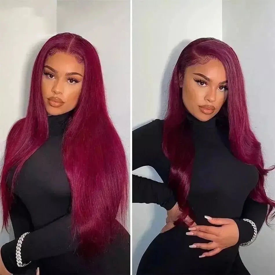 Burgundy 99J Straight hair front lace wig real hair wig 13x4 front lace wig wine red wig transparent lace wig female real hair - Godiva Oya Bey