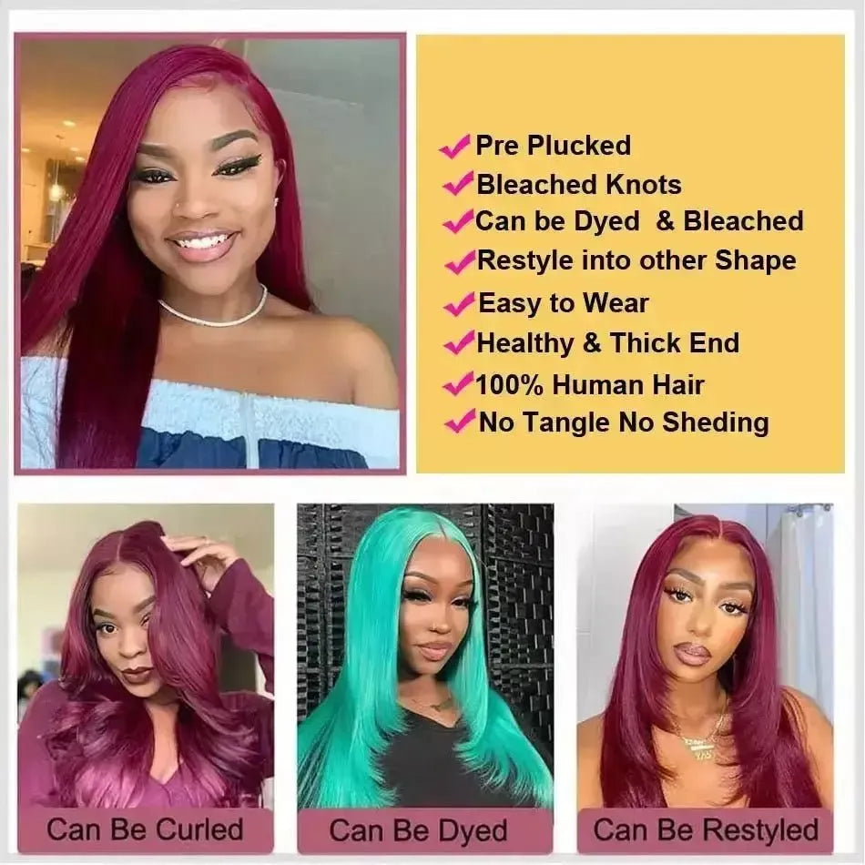 Burgundy Lace Front Wig Straight Human Hair 13x4 Lace Frontal Wig Pre Plucked 13x6 HD Transparent Lace Frontal Wig Ossilee - Godiva Oya Bey