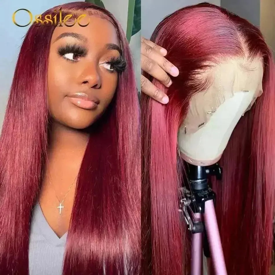 Burgundy Lace Front Wig Straight Human Hair 13x4 Lace Frontal Wig Pre Plucked 13x6 HD Transparent Lace Frontal Wig Ossilee - Godiva Oya Bey