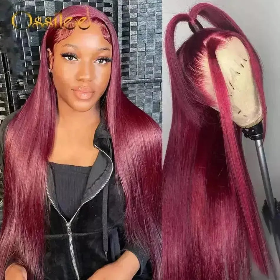 Burgundy Lace Front Wig Straight Human Hair 13x4 Lace Frontal Wig Pre Plucked 13x6 HD Transparent Lace Frontal Wig Ossilee - Godiva Oya Bey
