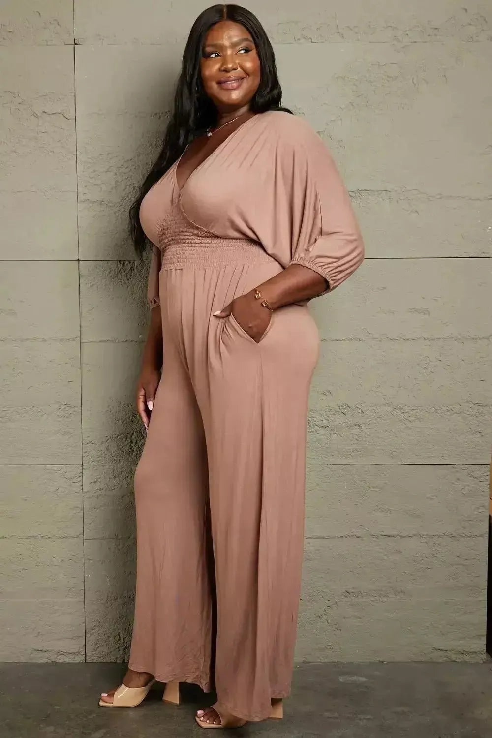 Culture Code Full Size Smocking Waist Jumpsuit - Godiva Oya Bey