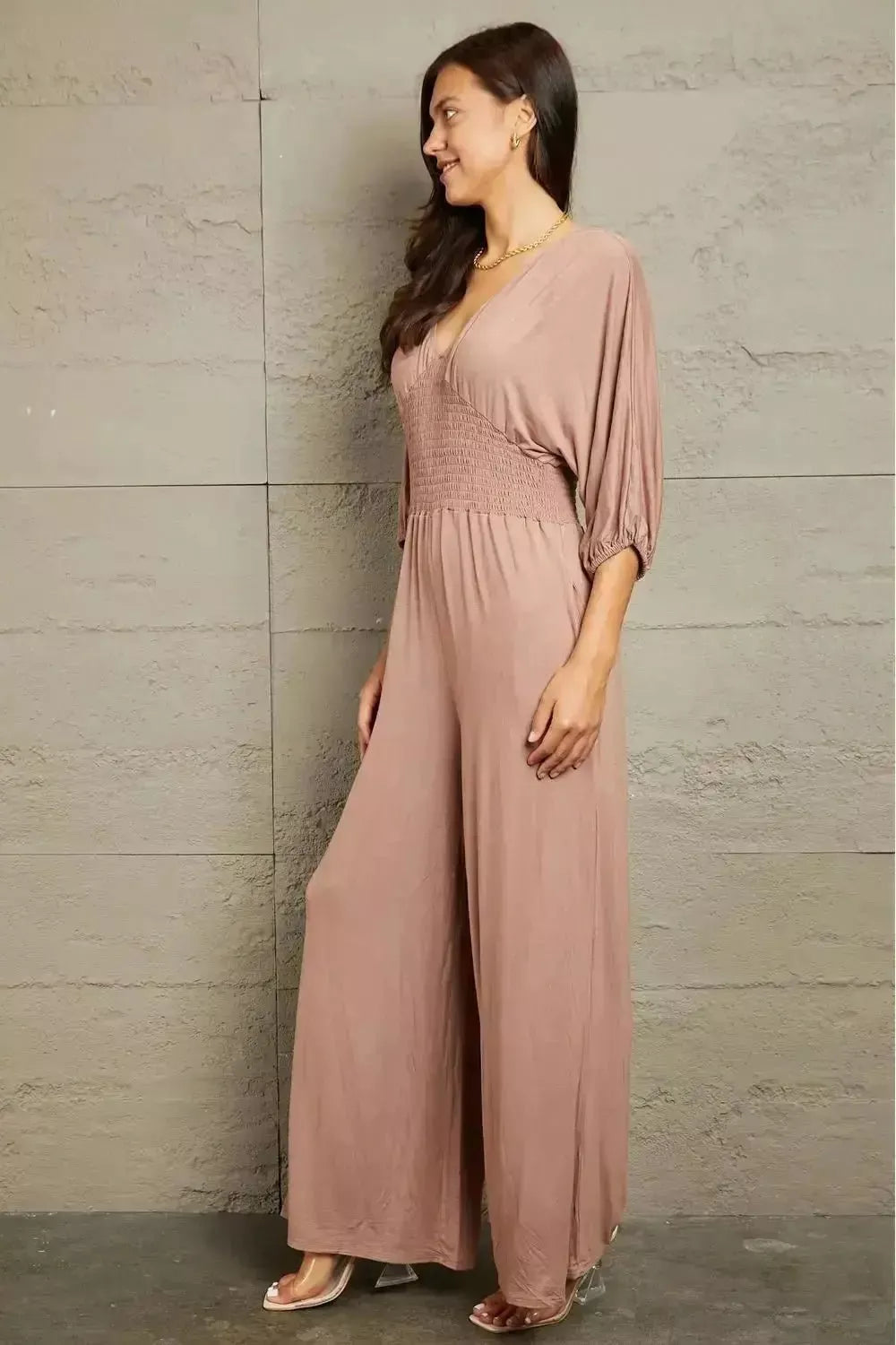 Culture Code Full Size Smocking Waist Jumpsuit - Godiva Oya Bey