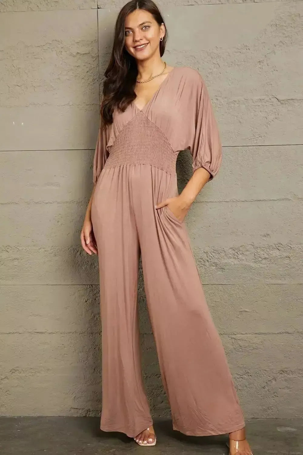 Culture Code Full Size Smocking Waist Jumpsuit - Godiva Oya Bey