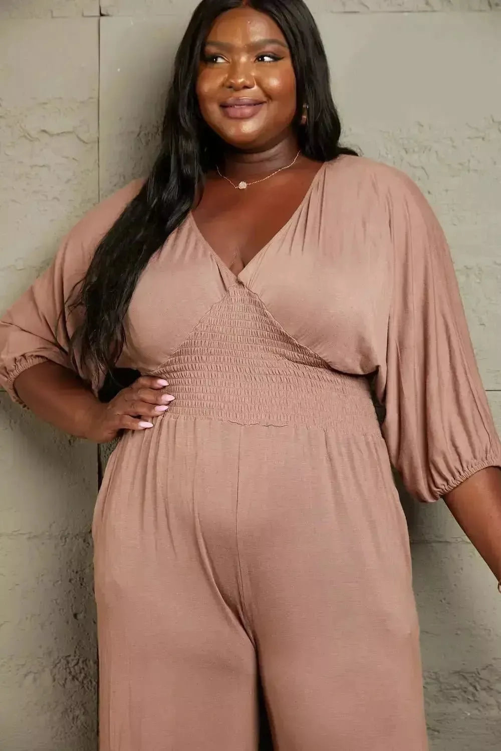 Culture Code Full Size Smocking Waist Jumpsuit - Godiva Oya Bey