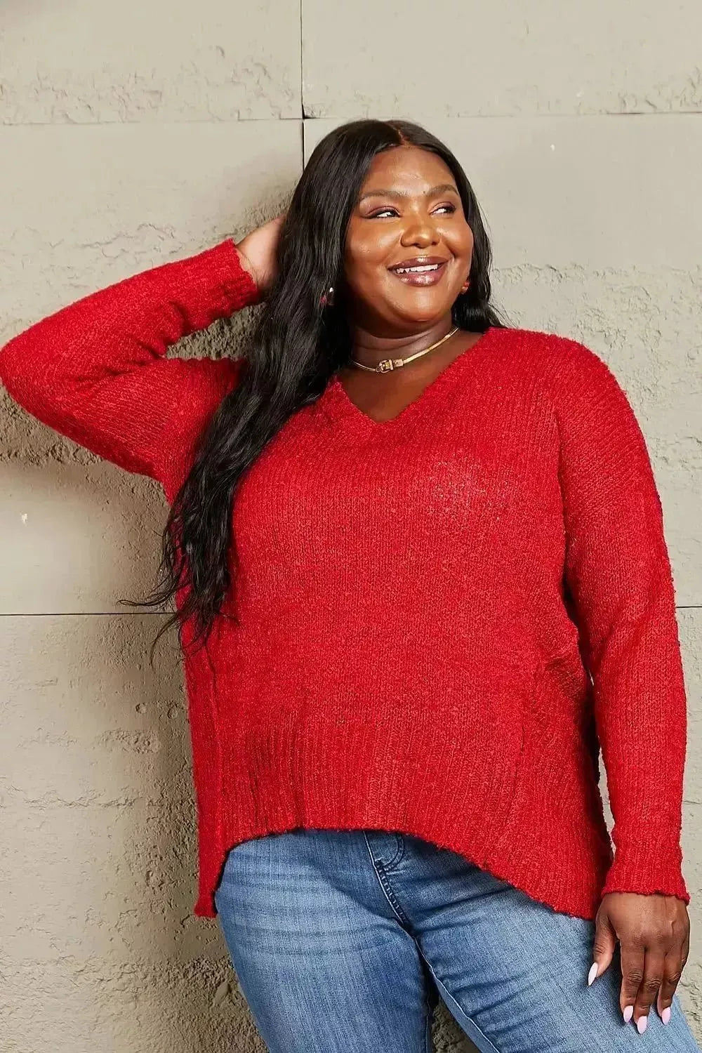 Heimish By The Fire Full Size Draped Detail Knit Sweater - Godiva Oya Bey