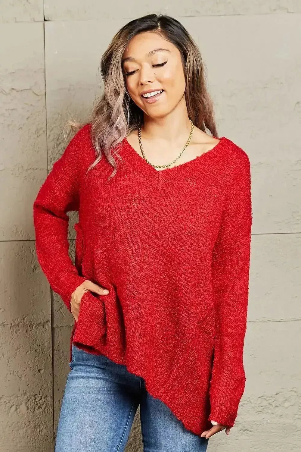Heimish By The Fire Full Size Draped Detail Knit Sweater - Godiva Oya Bey