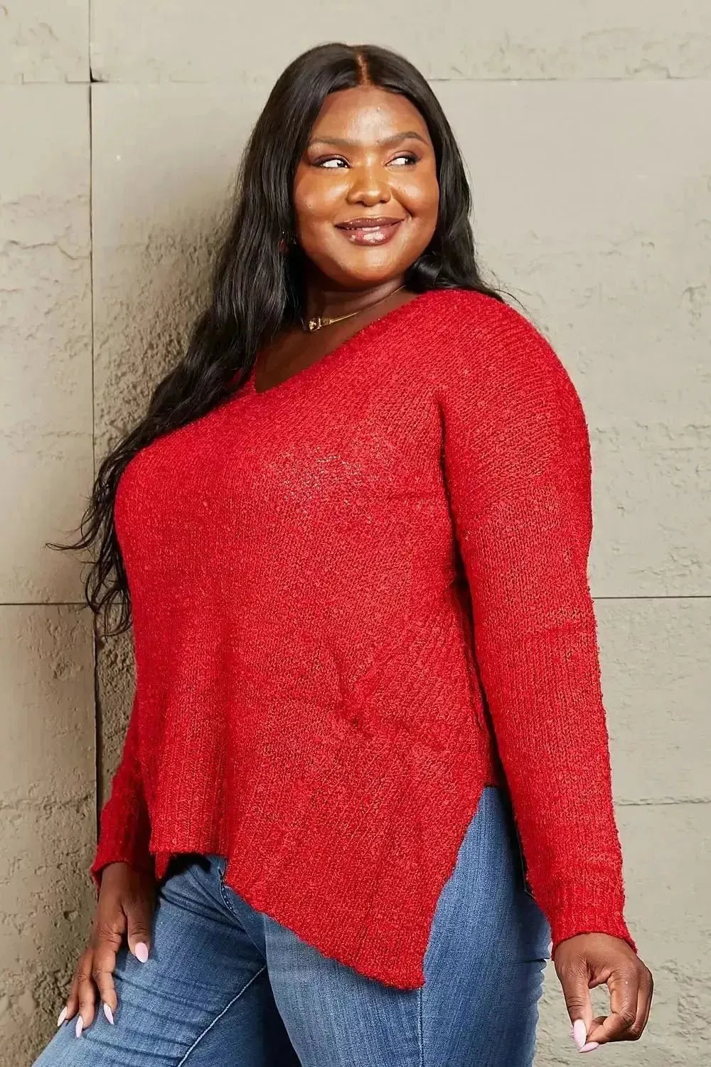 Heimish By The Fire Full Size Draped Detail Knit Sweater - Godiva Oya Bey