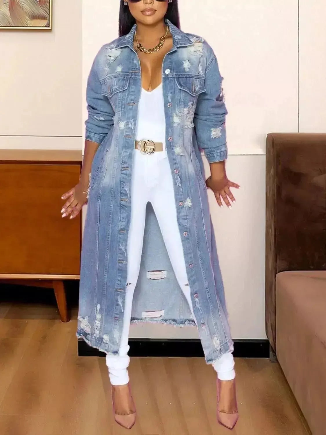 Long Sleeve Raw Hem Denim Jacket - Godiva Oya Bey