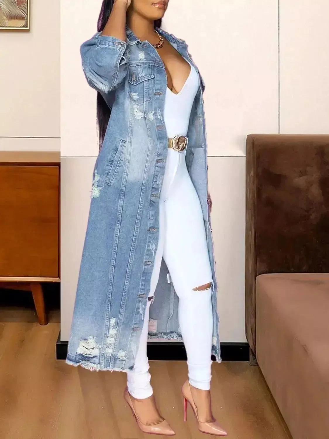 Long Sleeve Raw Hem Denim Jacket - Godiva Oya Bey
