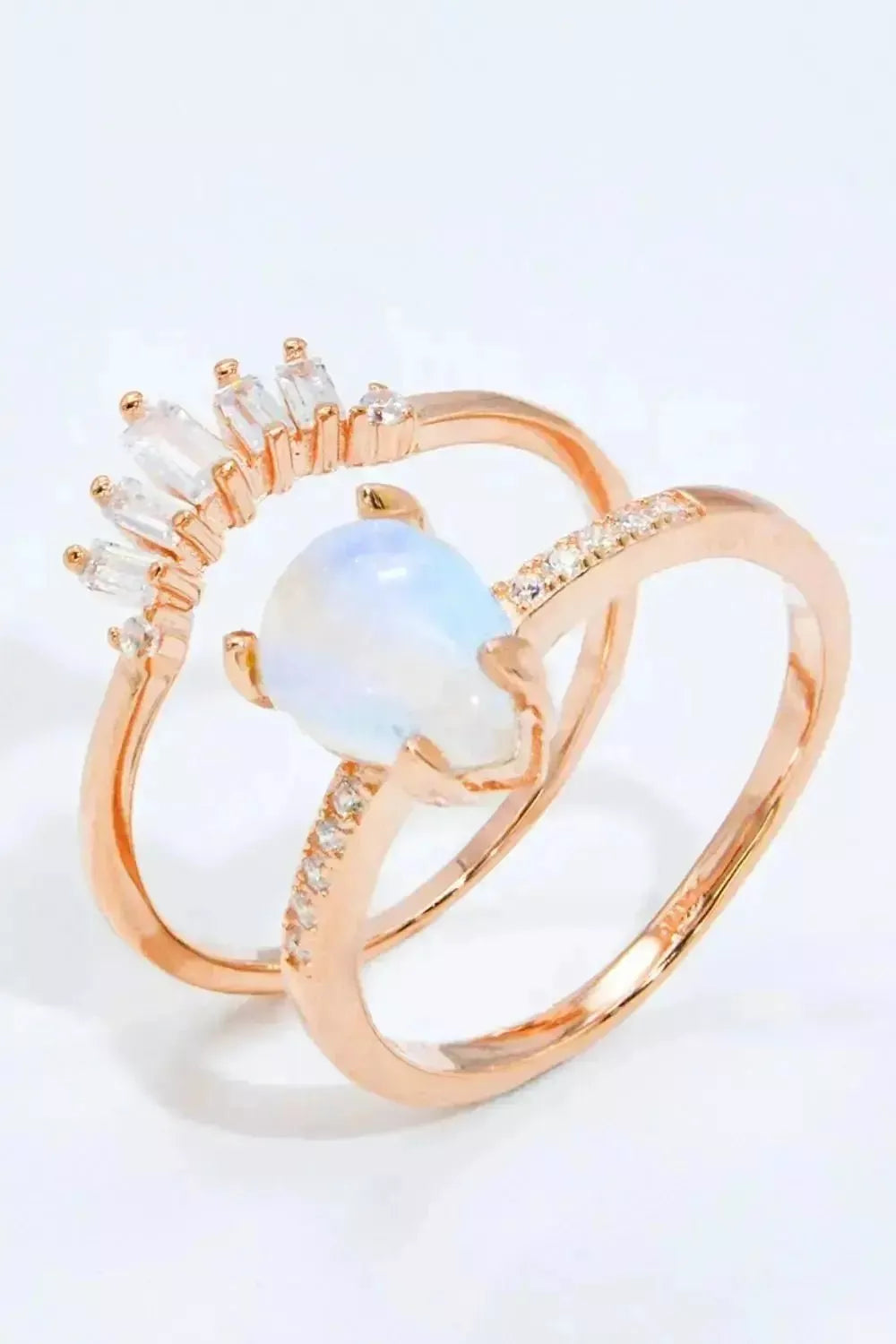 Natural Moonstone and Zircon 18K Rose Gold-Plated Two-Piece Ring Set - Godiva Oya Bey