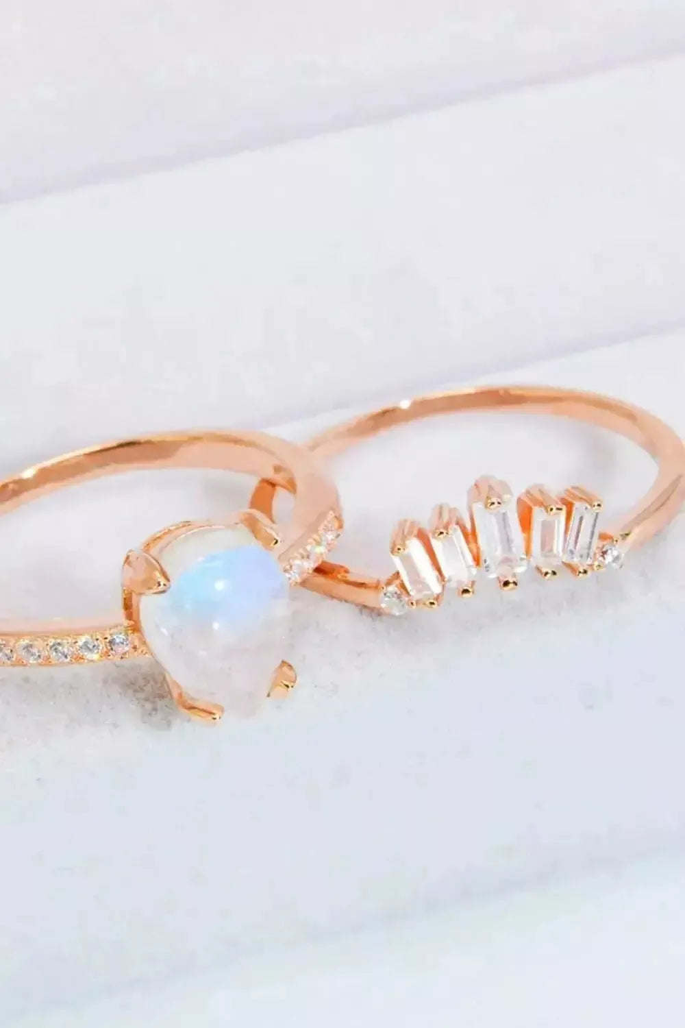 Natural Moonstone and Zircon 18K Rose Gold-Plated Two-Piece Ring Set - Godiva Oya Bey