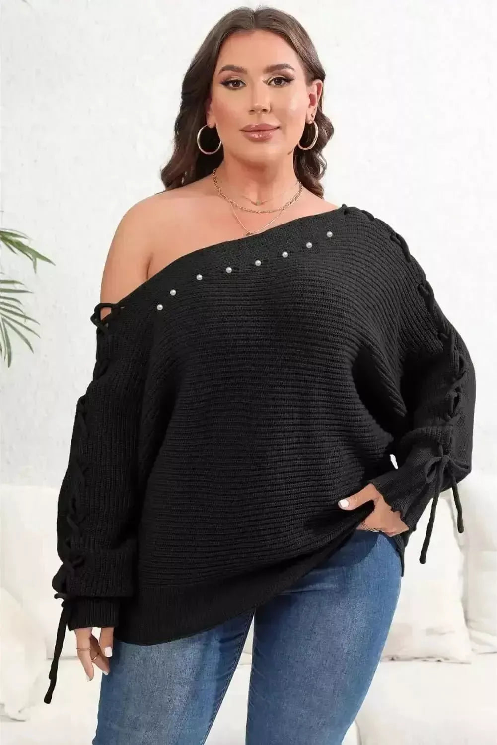 Plus Size One Shoulder Beaded Sweater - Godiva Oya Bey